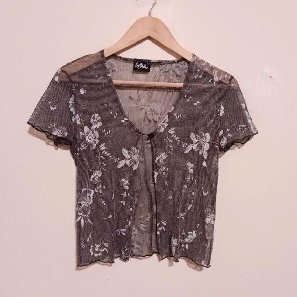 Vintage Eyeshadow Floral Sheer Popover Blouse-Medium-One Button-Lettuce Hem-Y2K - Picture 1 of 8